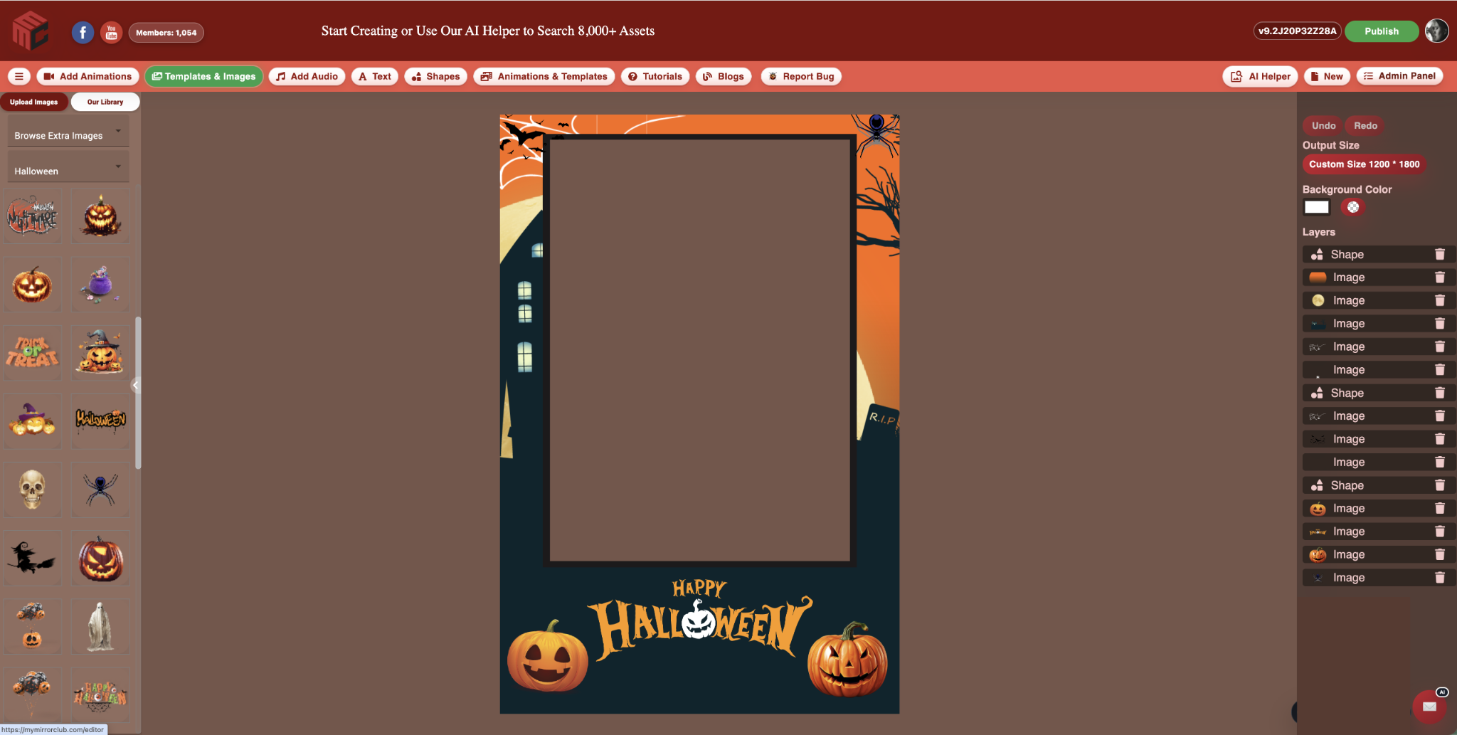 Halloween photo booth template open in the MyMirrorClub browser editor with layers, shapes, images and template controls visible