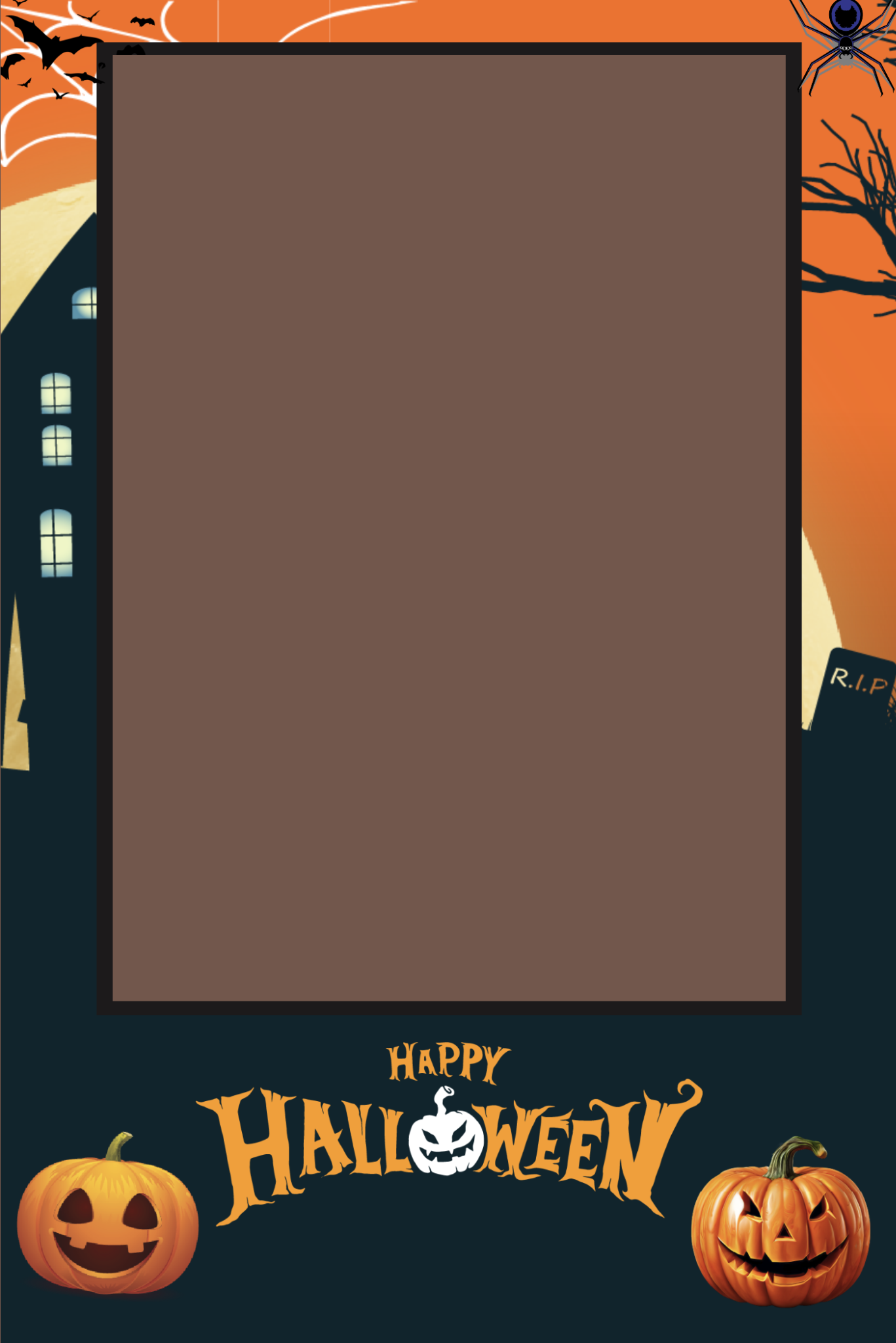 Finished portrait Halloween photo booth template artwork created in MyMirrorClub with a large photo area, pumpkins, bats, spider and Happy Halloween wording