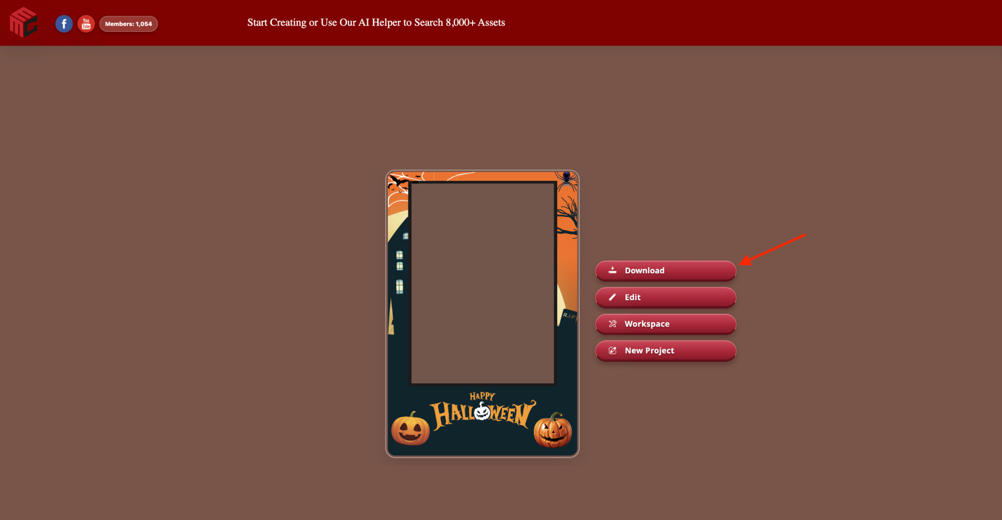 MyMirrorClub published Halloween photo booth template page with Download, Edit, Workspace and New Project actions